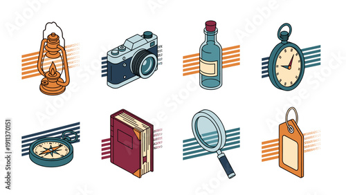 Retro isometric icons set: vintage objects and gadgets collection