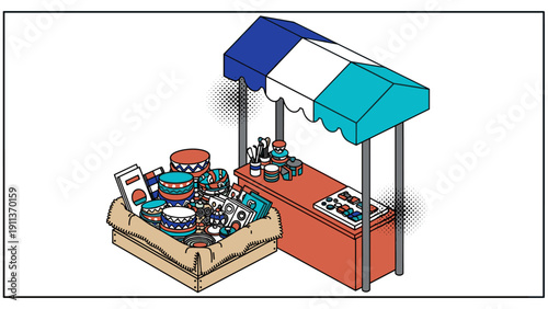 Colorful street market stand with pottery and crafts in isometric