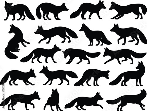 Black fox silhouettes collection, dynamic wild animal poses set, running walking sitting fox vector icons, isolated minimalist illustration on white background