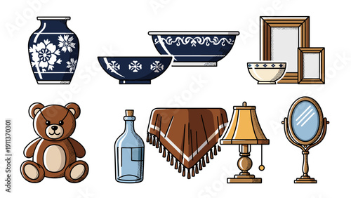 Vintage household items collection featuring ceramics, teddy bear