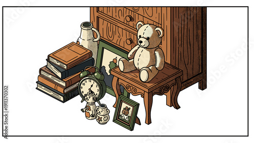 Nostalgic vintage still life with teddy bear, books, and clock on