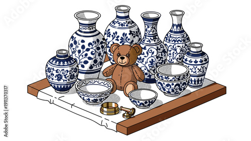 Detailed porcelain vases and teddy bear display in isometric design