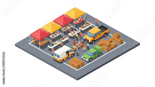 Isometric market scene with vendors and vehicles on a sunny day