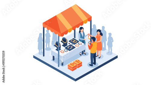 Isometric outdoor market scene with jewelry stand and customers