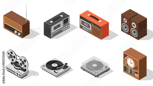 Retro audio equipment collection with isometric design and vibrant