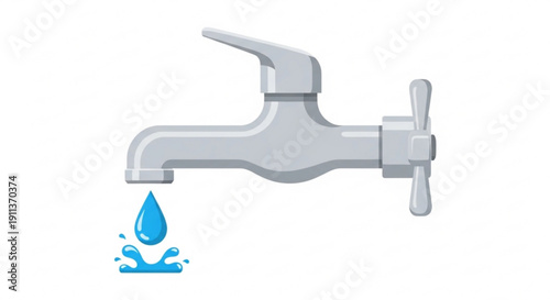 Leaking faucet with dripping water drop on white background