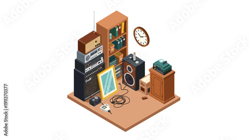 Retro music room with isometric audio equipment and vinyl records