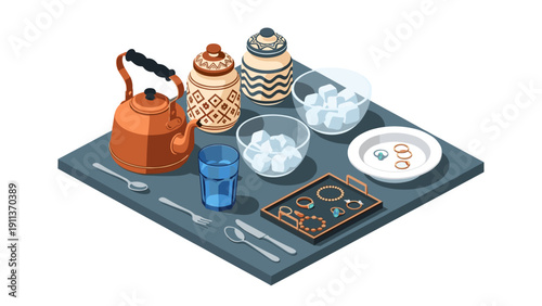 Isometric tea setup with decorative jars, jewelry, and teapot on tray