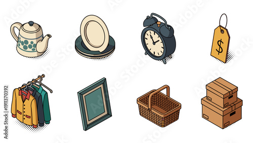 Vintage isometric home collection: teapot, alarm clock, price tag