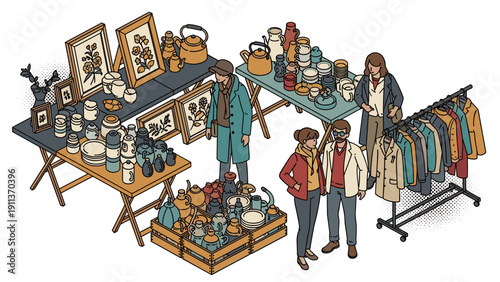 Isometric market scene: vintage clothing and ceramics display with