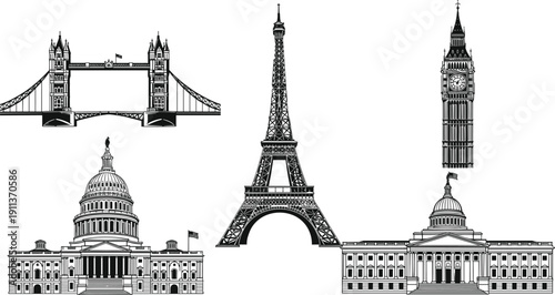 Detailed world landmarks engraving vector set featuring Eiffel Tower, Big Ben, Tower Bridge and Capitol buildings illustration