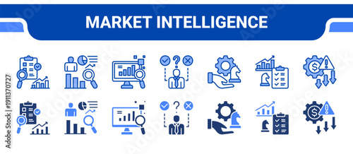 Market Intelligence Icon Collection,  featuring Market research, Competitor analysis, Data driven, Decision making, Strategic management, Planning, Risk management.