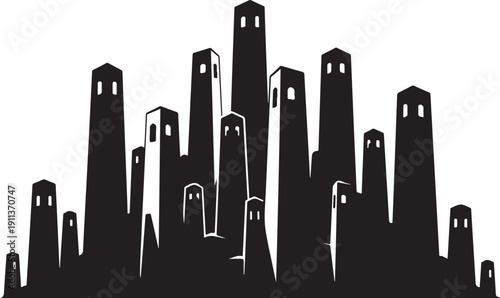 Black and white cityscape with tall buildings and skyscrapers