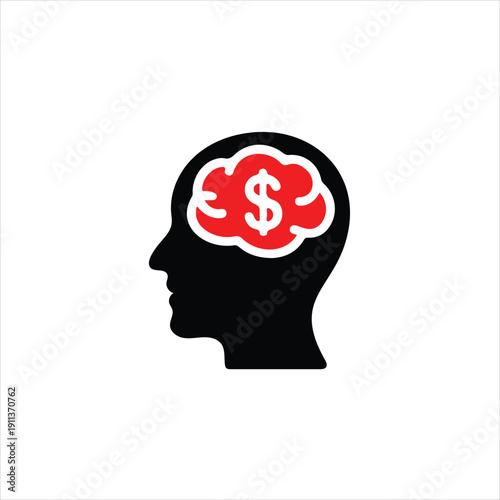 Silhouette of head with brain containing dollar sign and red cloud mind thinking