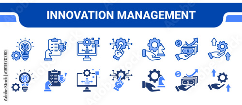 Innovation Management Icon Collection,  featuring Innovation, Disruption, Digital transformation, Technology, Strategic management, Growth, Development.