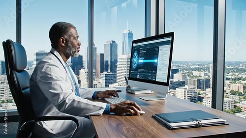 Focused male doctor analyzes patient data on a computer in a modern office with panoramic city skyline views showcasing healthcare technology and professional success
