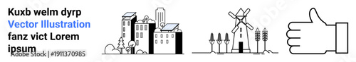 Urban planning, sustainability, community approval, architecture, rural lifestyle, positive feedback. Cityscape, windmill trees and a thumbs-up symbol. Urban planning and sustainability concept