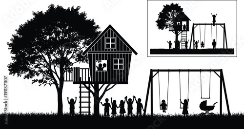 Children playing on tree house and swing silhouettes showing outdoor playground family fun nature scene
