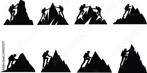 Black silhouette collection of mountain climbers, hikers, and cross country skiers ascending rugged peaks, outdoor adventure travel icons isolated on white background.