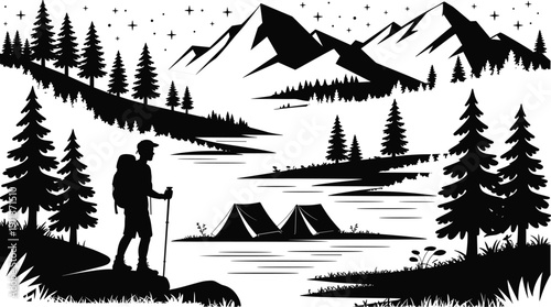 Black silhouette of a traveler with backpack and trekking poles overlooking a mountain lake with tents and pine trees under a starry sky.
