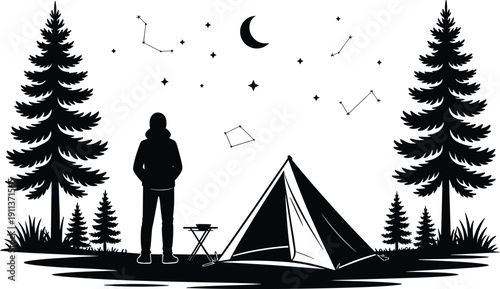 Black silhouette set featuring mountain hikers with backpacks, trekking poles, and cross country skiers ascending rugged alpine peaks, outdoor adventure icons