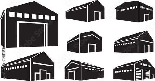 Collection of various black warehouse building icons on white