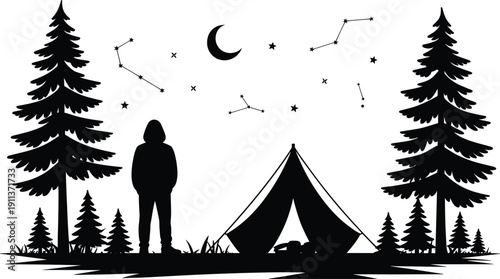 Black silhouette set of mountain hikers, backpackers, and cross country skiers with trekking poles climbing rugged peaks, outdoor adventure icons isolated on