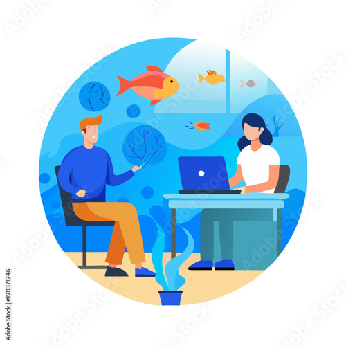 Creative professionals finding focus and calm while working remotely with a captivating aquarium backdrop