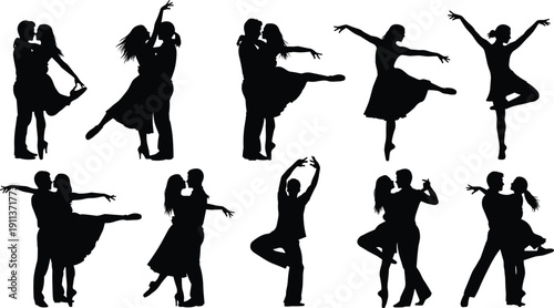 Collection of romantic dance couple silhouettes performing ballroom and contemporary moves, passion, rhythm and artistic expression illustration