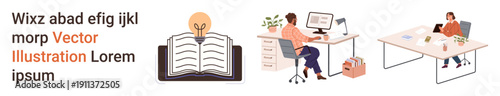Education, knowledge sharing, learning, creativity, remote work, professional skills. Open book with light bulb, person working on a computer reader at a desk. Education and creativity concept