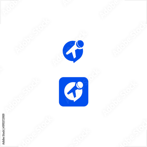 Letter T combined with microphone and speech bubble icon, bold flat design for podcast, talk show, radio, and voice communication brand identity and media app