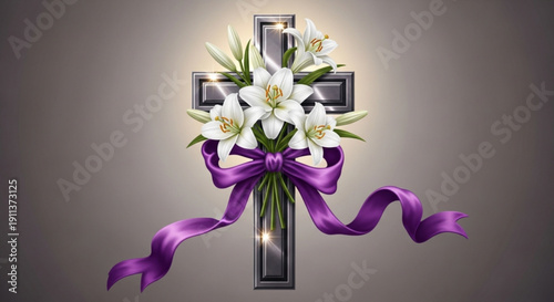 Christian Cross with White Lilies and Purple Ribbon on Gray Background