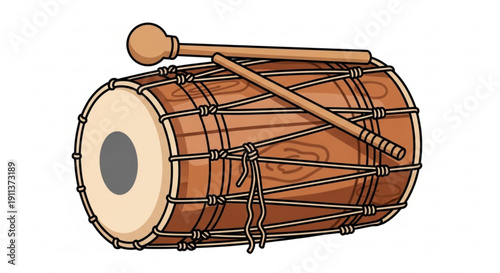 Traditional Indian Dhol Drum with Mallets Isolated on White Background