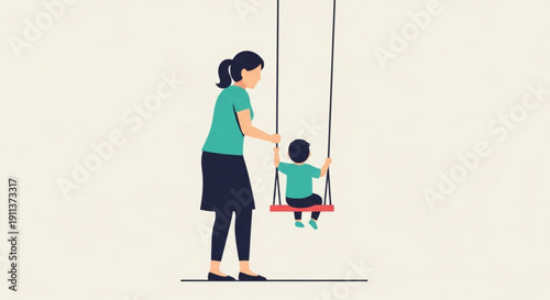 Mother Pushing Child on Swing during Playtime, Happy Family Moment, Cartoon Style