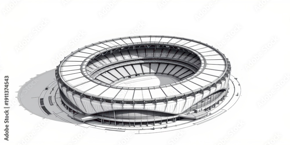 Fototapeta 3D architectural wireframe model of a large circular sports stadium with detailed sections.