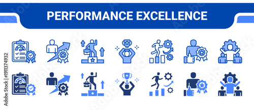 Performance Excellence Icon Collection,  featuring Performance report, Best employee, Career growth, Achievement, Productivity, Recognition, Leadership.