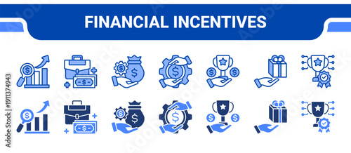 Financial Incentives Icon Collection,  featuring Financial analysis, Business income, Incentive, Compensation, Prize, Gift, Reward.