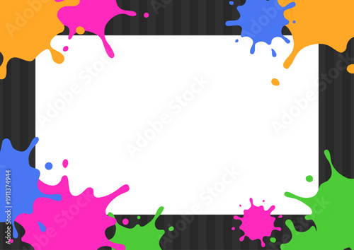 インクスプラッシュの背景フレーム 飛び散ったペンキと黒ストライプのポップなベクター素材