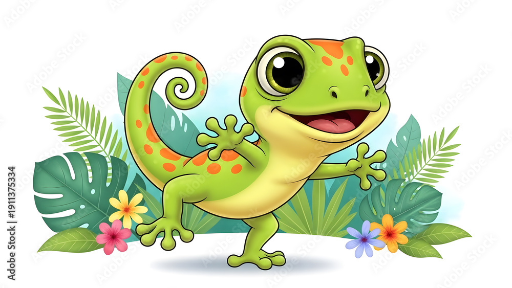 Obraz premium Cute green gecko character with orange spots standing in a tropical garden with colorful flowers and large leaves