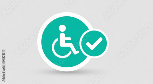 Teal disability access symbol with checkmark on gray background representing accessibility and inclusion