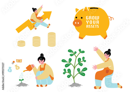 投資で資産運用する主婦のイラストセット