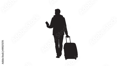 Man walking with suitcase in hand holding a device, silhouette of traveler on the move from behind, modern travel scene illustration