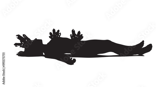 A person lying on their back with plants on their head and hand, silhouette, against a neutral background, viewed from the side.