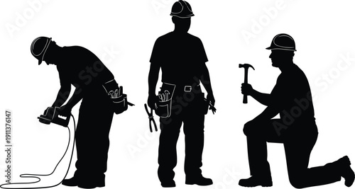 Construction Workers Silhouette Set with Tools, Builder and Electrician at Work, Industrial Labor Concept Illustration