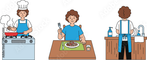 Cooking, Eating, and Washing Dishes Illustration Showing Home Kitchen Activities and Daily Food Preparation Routine