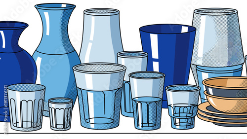 Contemporary collection of geometric glassware and ceramics in blue