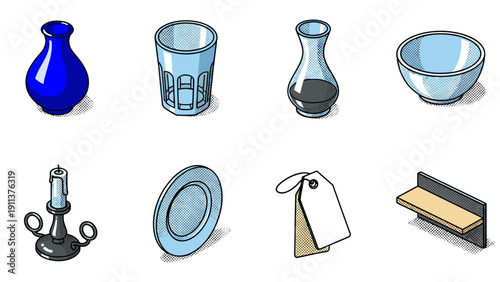 Colorful isometric objects collection: vases, glassware, and home