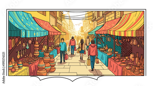 Bustling market scene with colorful stalls and shoppers in graphic