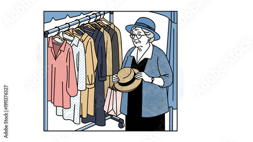 Elderly woman shopping for clothes in a vintage blue and beige style