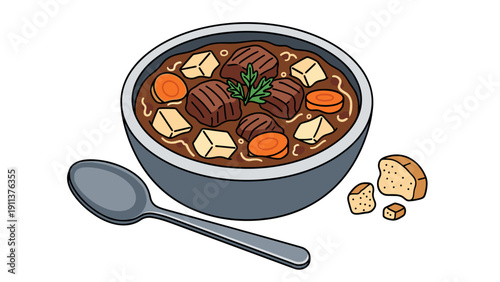Hearty beef stew with vegetables and bread in bowl